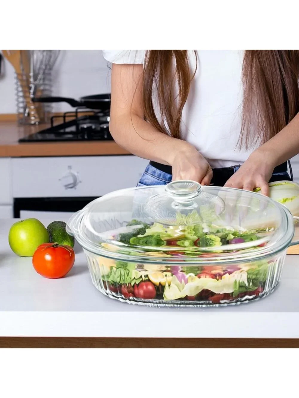 2.8L Glass Casserole Dish with Lid - Ribbed Oval Baking Dish for Oven